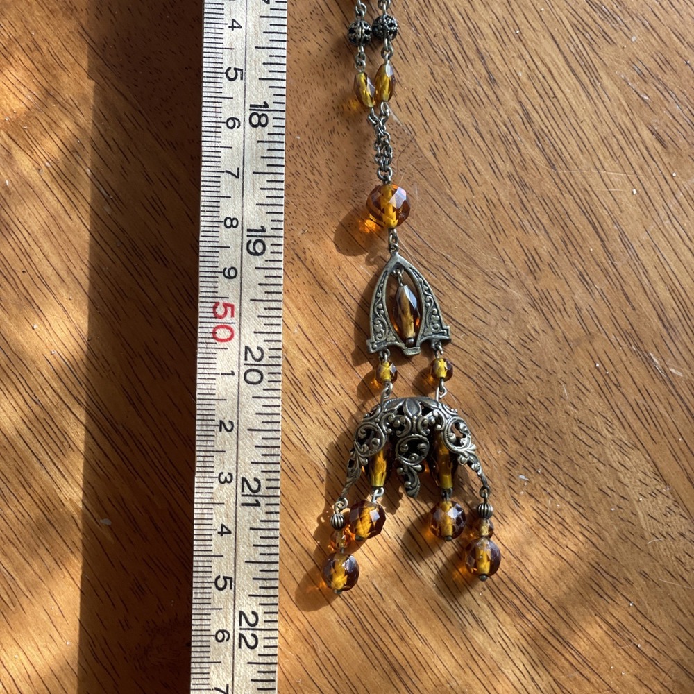 Antique c1920's Art Deco Czech Amber Glass Brass Filigree Flapper Necklace 40" - Picture 10 of 11
